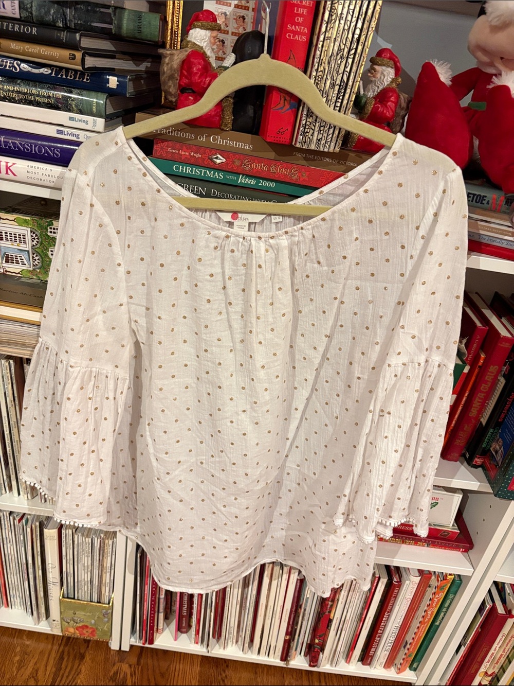 Women’s White Boden Blouse with Gold Dot Accent